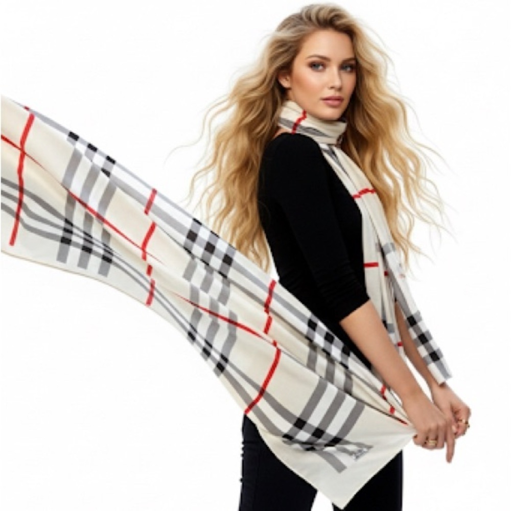 Y2K CHECKERED CREAM PLAID SCARF WOMAN 42”X 42” - Picture 2 of 4